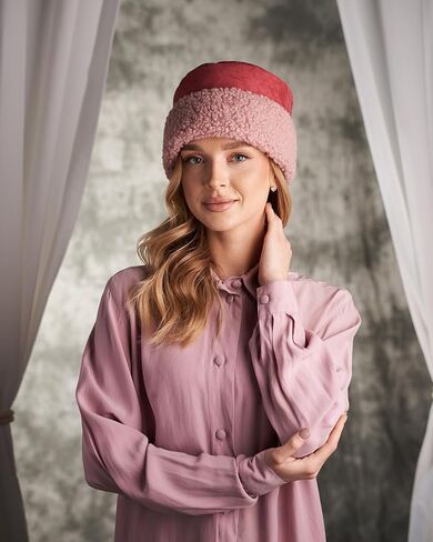 Futrzane Sherpa Trim Hat - Winter Hats for Women - Suede Hat with Sherpa Fleece in Kuwait