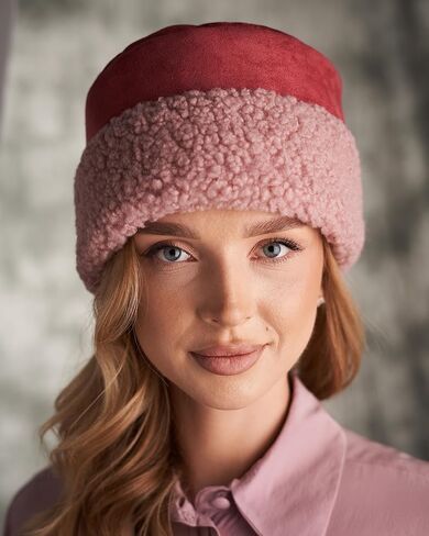 Futrzane Sherpa Trim Hat - Winter Hats for Women - Suede Hat with Sherpa Fleece in Kuwait