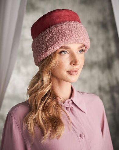 Futrzane Sherpa Trim Hat - Winter Hats for Women - Suede Hat with Sherpa Fleece in Kuwait