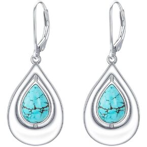 Genuine Turquoise Leverback Earrings for Women, Sterling Silver Native American Western Jewelry Teardrop Dangle Earrings Birthday Gift