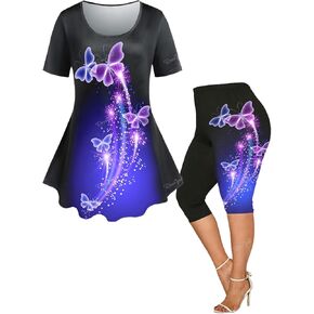 ROSE GAL Rosegal Women Plus Size Butterfly Galaxy T-shirt and Leggings Matching Set