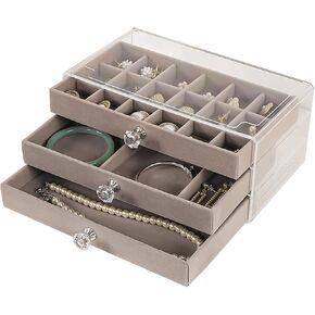 Jewelry Box with 3 Drawers, Earring Holder Organizer, Acrylic Clear Earring Case with Flannel Trays, Earring Storage Organizer Display Case for Women Girls, Grey, 3 Layers