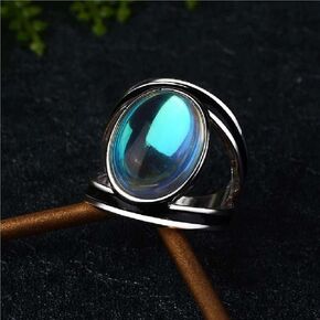 Vintage Moonstone Chunky Ring Boho Faux Dainty Native Gemstone Ring Moonstone Statement Ring Jewelry for Women Sterling Silver Retro Style Promise Creative Band Ring Gift