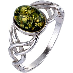 HolidayGiftShops Sterling Silver and Baltic Green Amber Ring Celtic Knots