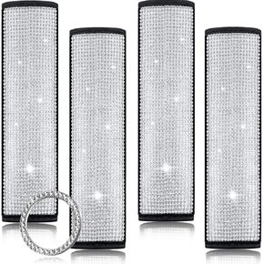 Soft Seat Belt Shoulder Pads with Bling Rhinestones Car Bling Seat Belt Covers for Women,Crystal Rhinestone Start Button,Bling Ring Set 5 Pack Set Universal Diamond Car Decor (White Rhinestone)