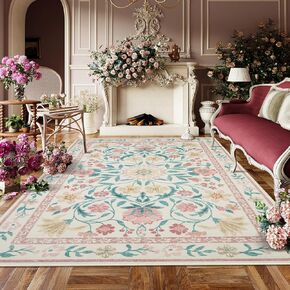 Lahome Floral Pink Rugs for Bedroom Girls, Boho Washable Area Rugs 8x10, Low Pile Soft Thin Rug with Non-Skid Rubber Backing for Kids Room Nursery Dining Room(Light Pink 8x10) in Kuwait