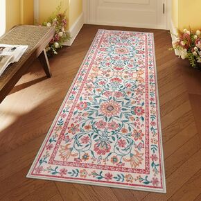 Lahome Floral Pink Rugs for Bedroom Girls, Boho Washable Area Rugs 8x10, Low Pile Soft Thin Rug with Non-Skid Rubber Backing for Kids Room Nursery Dining Room(Light Pink 8x10)