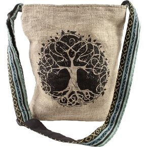 Tree of Life Canvas Crossbody Sling Purse with Tranquil Boho Stripes, Made with Hemp and Cotton, Great For Festivals, Beach, Everyday Wear & More One Size
