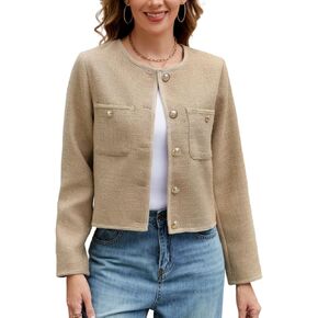 Ladyful Cropped Tweed Blazer for Women Collarless Casual Work Business Tweed Jacket Elegant Fall Trendy Ladies Coat