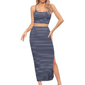 Missufe Women's 2 Piece Outfits Striped Cami Crop Top and Slit Maxi Pencil Skirt Summer Beach Set
