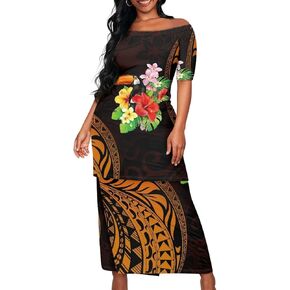 Polynesian Tribal Samoa Puletasi Set Dress Puletaha Ladies Off Shoulder Top and Skirts 2 Pcs Skirt Set Dress