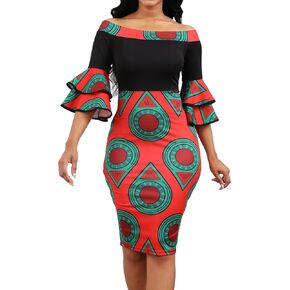 VisiChenup Sexy African Dress for Women Elegant Off Shoulder Ruffles Sleeve Ladies Pencil Dresses