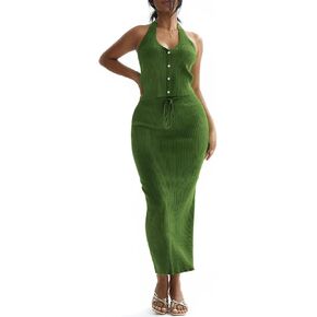 CHERFLY Womens 2 Piece Outfits 2024 Summer Casual Knit Skirt Set V-Neck Halter Top with Bodycon Midi Skirt Matching Sets