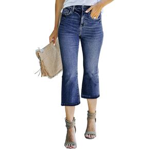 بنطال جينز كابري عالي الخصر للسيدات من Sidefeel ذو تصميم جرس وجزء سفلي من قماش الدنيم الصيفي المتوهج in Kuwait