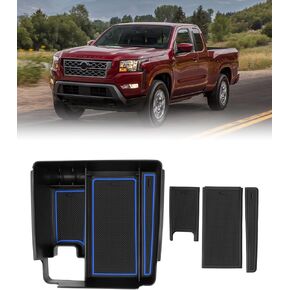 FIILINES Center Console Organizer with Anti-Slip Mats for Nissan Frontier 2022-2025, Console Tray Secondary Armrest Storage Box ABS Insert Container Accessories with The Black and Blue Mats
