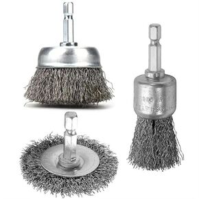 ROZZLOOM 3pcs Abrasive Wire Brush for Drill - 1/4 Inch Hex Shank 2’’ Wire Cup Brush,2’’ Wire Wheel Brush and 1’’ Pen Brush - Crimped Carbon Steel Brush for Removing Paint/Rust/Stripping/Corrosion
