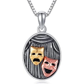 YAFEINI Comedy Tragedy Masks Necklace 925 Sterling Silver Drama Theater Pendant Necklaces Comedy Tragedy Masks Jewelry Gifts for Women Men Drama Lovers