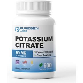 Puregen Labs Potassium Citrate 99 mg of Elemental Potassium Supplement | No Harmful Additives | Non-GMO, Gluten Free | Made in USA - 500 Vegetarian Capsules