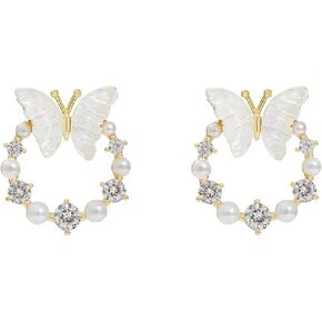 HETICA Butterfly Hoop Pearl Earrings for Women, Round Butterfly Cubic Zirconia Stud Earrings Fashion Elegant Earrings Jewelry for Women Gift