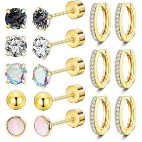 8Pairs CrazyPiercing Gold Flat Back Earrings 20G Hypoallergenic Earrings Surgical Stainless Steel Earring Set, Shiny CZ Small Opal Ball Stud Hoop Earrings for Women