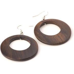 Large Wood .925 Sterling Silver Hoop Earrings for Women 45 mm - Handmade Earrings with Brown Wooden Discs - Natural Drop Earrings - 60s Accessories - Mod Statement Earrings
