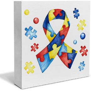 Autism Awareness Decorative Wooden Box Sign Autism Ribbon Wood Block Plaque Decor Home Shelf or Wall Display