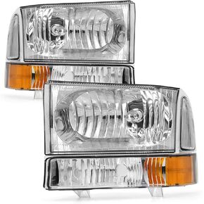 for 1999 F250 F350 F450 F550 Headlight Assembly compatible with 99-04 Ford Super Duty Chrome Housing Amber Reflector Headlamp Replacement Left and Right