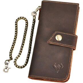 Le'aokuu Mens Genuine Leather Bifold Wallet Organizer Checkbook Removable Chain Wallet