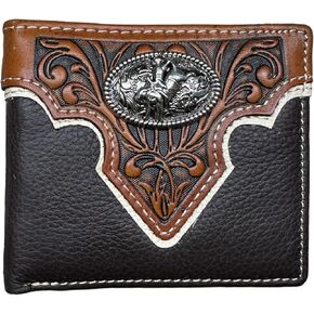 Mens Wallet Floral Tooled Rodeo Bull Rider Concho Embossed Cowboy Western Leather Wallet High End Leather Mens Wallets Leather Rodeo Gifts For Men (Black)