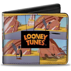 Buckle-Down Men's Wallet, Bifold, Looney Tunes Wile E Coyote and Road Runner Scene Blocks, Vegan Leather, 4.0" x 3.5"