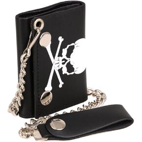 Milwaukee Leather MLW7835 Men's 4" Black Leather Biker Wallet w/Skull Cross Bones -Tri-Fold Anti-Theft Stainless Steel Chain