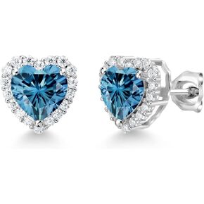 Gem Stone King 925 Sterling Silver Persian Blue Moissanite and White Moissanite Stud Earrings For Women (2.57 Cttw, Heart Shape 6.5MM)