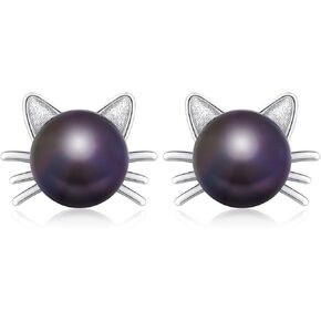.925 Sterling Silver Cute Cat Kitty and Freshwater-Cultured Pearl Stud Earrings