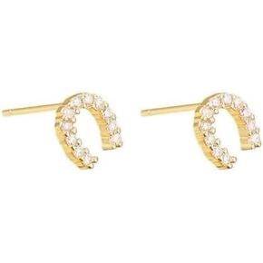 Lucky Horseshoe S925 Sterling Silver Small Stud Earrings for Women Cubic Zirconia Dainty Elegant Good Luck U Shape Hypoallergenic Tiny Mini Cartilage Earring CZ Cute Fashion Jewelry Animal Horse Lover Gifts