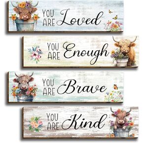4 Pieces Inspirational Highland Cow Decor Wall Art Highland Cow Wooden Rustic Farmhouse Wall Art Painting Loved Brave Kind Enough Positive Quotes Highland Cow Decor for Bathroom Bedroom Living Room