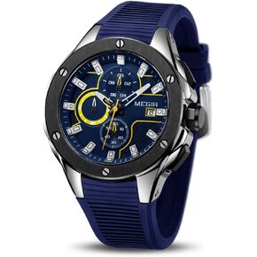 MEGIR Men's Sports Analogue Army Military Chronograph Luminous Quartz Watch with Stylish Blue Silicone Strap for Gifts (2053 Blue)