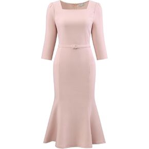 Women's Elgant Fishtail Dress Square Neck Belted 3/4 Sleeve Work Mermaid Dresses