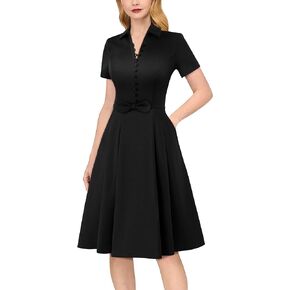 VFSHOW Womens 2024 Business Work Office Collared Pockets Bow Belted Buttons Vintage Retro Skater fit and Flare A-Line Dress
