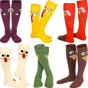 HooLing 6 Pairs Thanksgiving Turkey Compression Socks Fall Autumn Knee High Socks for Women Men with Turkey, Maple Leaf, 6 Design