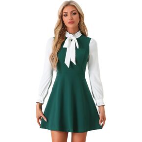 Allegra K Contrast Color Dress for Women's Vintage Long Sleeve Tie Neck Dresses