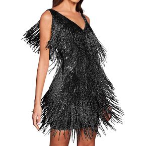 houstil Women 1920s Sequin Dress V Neck Flapper Gatsby Homecoming Dresses Fringe Wedding Club Party Evening Gown