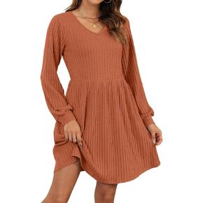 AUSELILY Womens Fall Dress 2024 Long Sleeve V Neck Short Dress Lightweight Casual Knit Sweater Dresses with Pockets