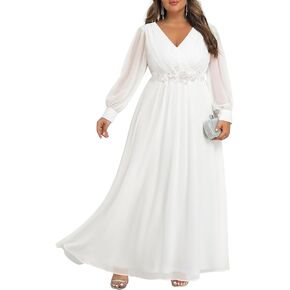 Pinup Fashion Women Plus Size Wedding Dress Long Sleeve White Bridal Shower Formal Chiffon Bride Elegant Wrap Ruched A-Line Maxi Dress