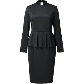 FAD-4U Church Clergy Dress for Women Minister Long Sleeve Ruffle Slim Pencil Dress with Tab Insert Stand Collar