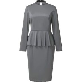 FAD-4U Church Clergy Dress for Women Minister Long Sleeve Ruffle Slim Pencil Dress with Tab Insert Stand Collar