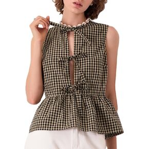 Women Tie Front Peplum Tank Tops Y2K Sleeveless Lace Up Ruffle Hem Babydoll Vest Shirts Cute Summer Going Out Tops