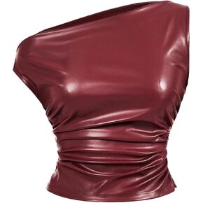 Floerns Women's Asymmetrical Neck PU Leather Tank Top Sleeveless Ruched Crop Tops