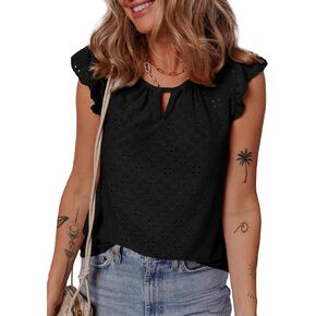 EVALESS Womens Summer Sleeveless Tank Tops Crewneck Ruffle Sleeve Eyelet Shirts Blouses