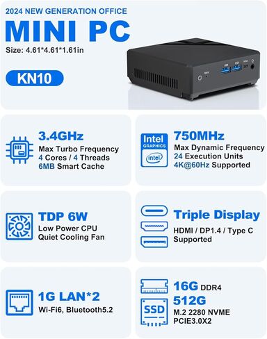 كمبيوتر مكتبي صغير، كمبيوتر مكتبي صغير N100 NUC مع شاشة ثلاثية 4K، إيثرنت جيجابت مزدوج، ذاكرة وصول عشوائي 16 جيجابايت، 512 جيجابايت SSD، واي فاي 6، بلوتوث 5.2، أجهزة كمبيوتر صغيرة للأعمال والمصممين والمسرح المنزلي in Kuwait