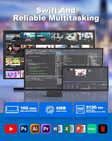 كمبيوتر مكتبي صغير، كمبيوتر مكتبي صغير N100 NUC مع شاشة ثلاثية 4K، إيثرنت جيجابت مزدوج، ذاكرة وصول عشوائي 16 جيجابايت، 512 جيجابايت SSD، واي فاي 6، بلوتوث 5.2، أجهزة كمبيوتر صغيرة للأعمال والمصممين والمسرح المنزلي in Kuwait